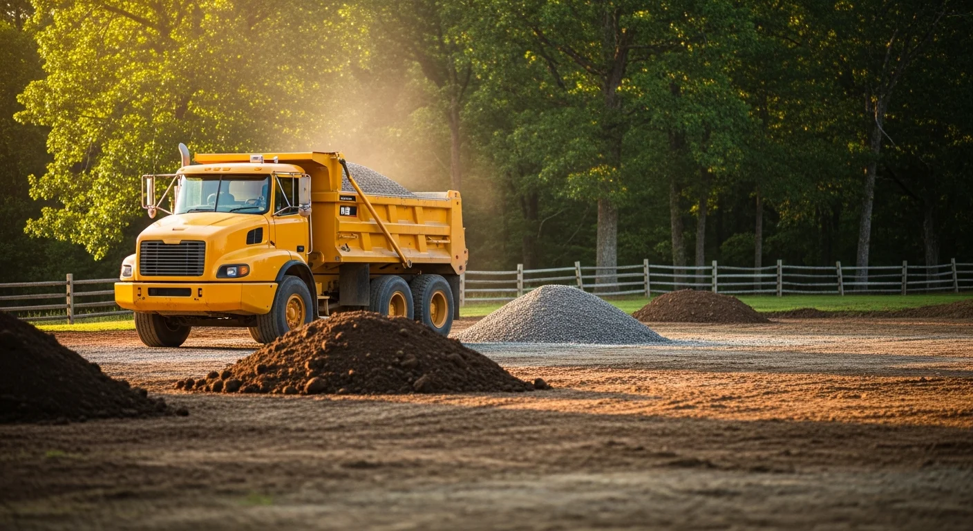 Dump truck delivering gravel to residential driveway