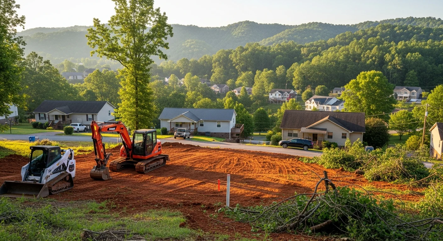 Mountain foothills landscape with residential homes nestled among trees in Sevier County, Tennessee.