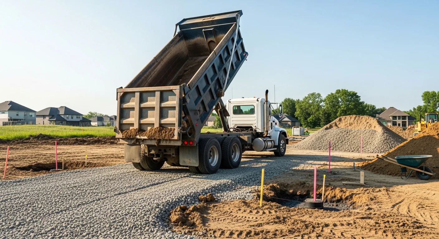 A dump truck operated by Onsite Construction positioned at a dirt excavation site in Severe, with a full load of soil ready for transport. The job site shows cleared ground and a staging area prepared for construction.