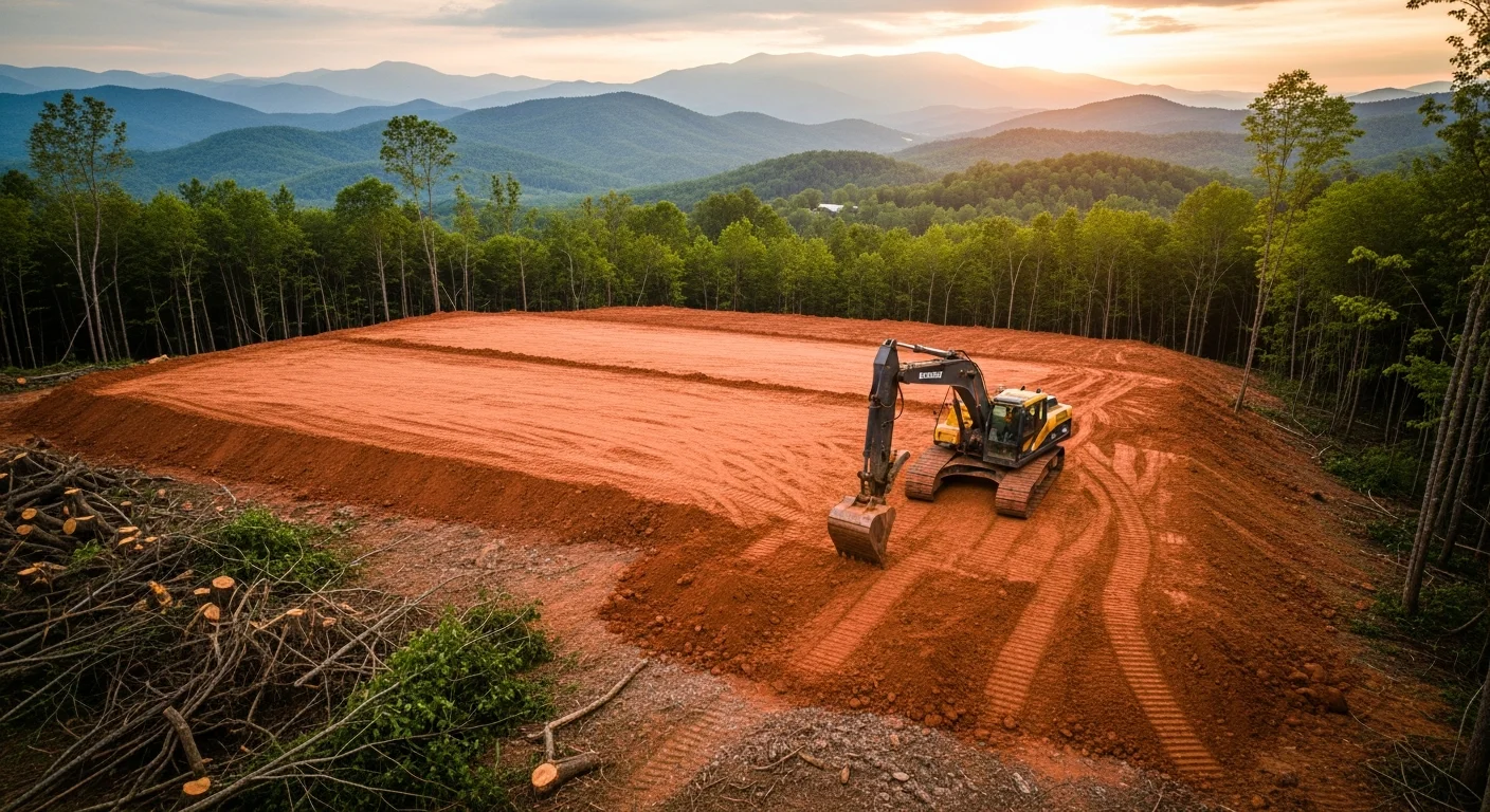 An excavator clearing and grading a sloped, wooded lot in Sevier County, TN, with exposed red-clay soil and mountain terrain visible in the background. The site is being prepared for a residential foundation with graded cut banks on either side.