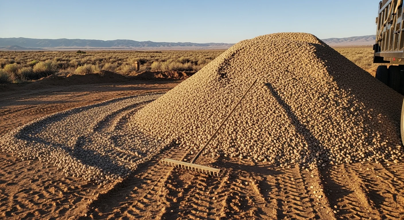 A bulk gravel load freshly delivered to a rural driveway on a Saguache, CO property, with the San Luis Valley landscape visible in the background. Crushed aggregate covers the full driveway width, ready for grading.