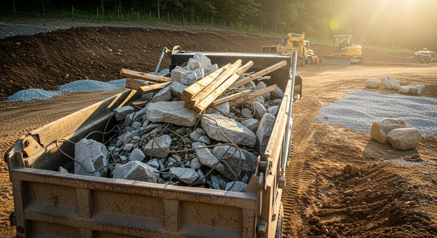 A loaded dump truck removing construction debris from a residential job site in Sevier County, Tennessee. The cleared site shows graded ground ready for the next phase of construction.