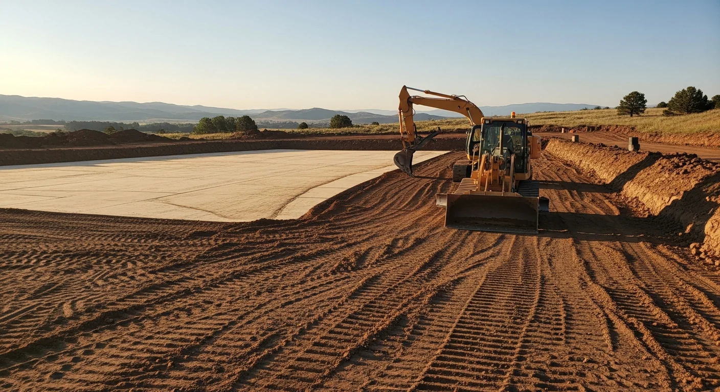 A residential lot in Severe, CO with freshly graded and compacted soil sloping away from a new foundation. An excavator sits at the edge of the cleared site with smooth, level ground prepared for construction.